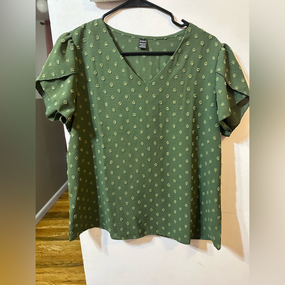 SHEIN Forest Green Patterned V-Neck Blouse
